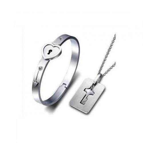  Parure Collier + Bracelet Clé & Serrure Couple Amoureux - Silver -