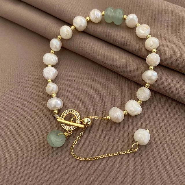  Bracelet De Vrais Perles D'eau Douce - Rondes Géométriques - Plaquées En Or Vrai -18 Carats - De Haute Qualité
