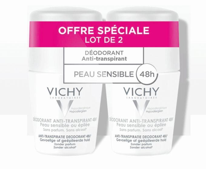  Vichy Lot de 2 Déodorants Anti-Transpirants 48H Peau Sensible Lot de 2 x 50 ml - Original