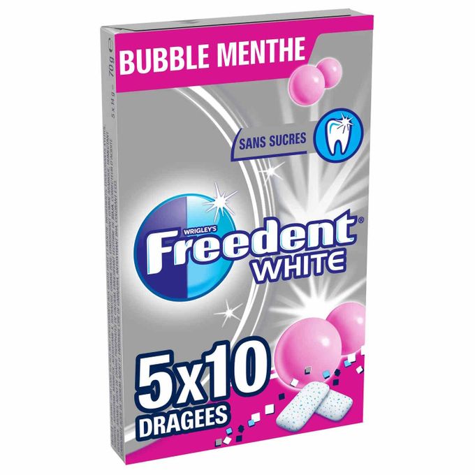  Freedeer FREEDENT WHITE Chewing-gum sans sucres goût Bubble Menthe (Paquet de 5)