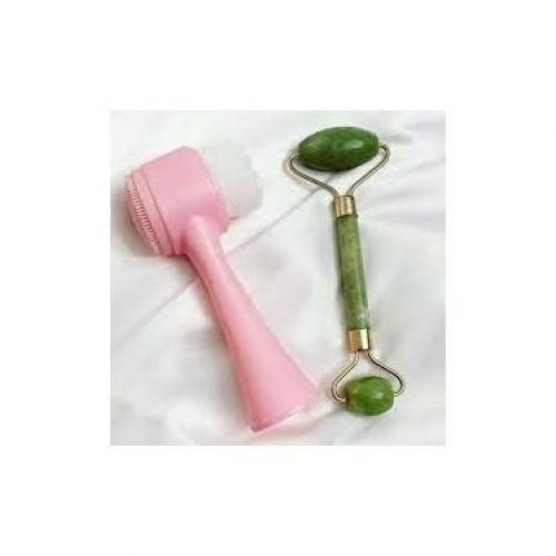  Rouleau En Pierre De Jade Naturelle Pour Le Massage Du Visage + Brosse Nettoyante Multicolors