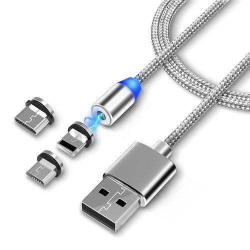  Câble Magnétique 3En1 3A - Micro-Usb+Type-C+Lightning - Silver