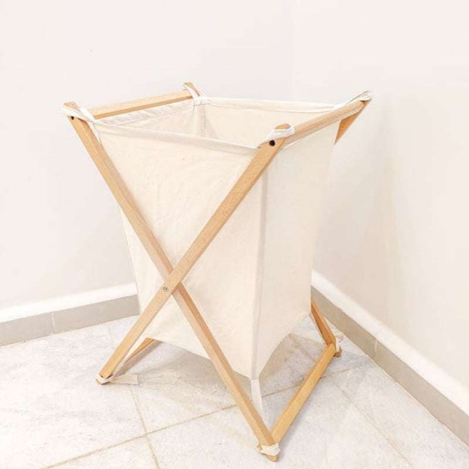  Panier a linge en bambou pliable -beige