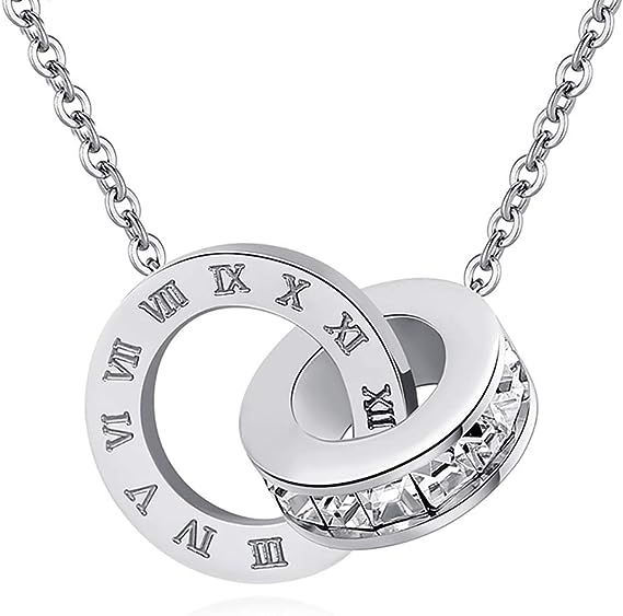  Collier Pendentif Double Rond  Chiffre Romain En Acier Inoxydable