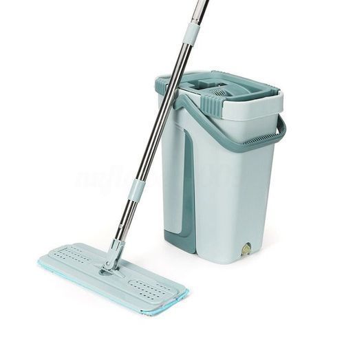  Seau Magique - 360° Clean Mop Balai Vadrouille Serpillière Auto Nettoyant À Double Compartiment Avec Balai À Tête Pivotante Et 2 Lingettes Microfibre- Bleu Turquoise