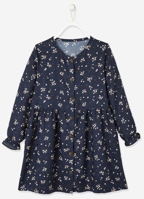  Verbaudet Robe Boutonnée Fille Imprimée  Fleurs - Encre Imprimé