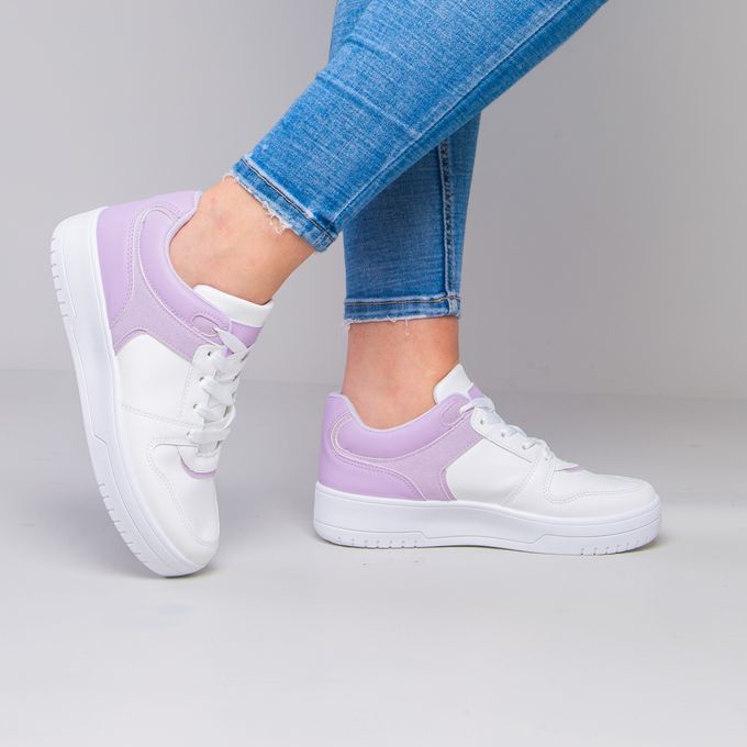  Basket Femme - Simili Cuir - Blanche Et Violet