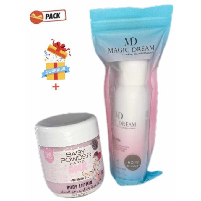  Magic Dream PACK Magic Dream Lotion Eclaircissant Base Naturelle Lait & Collagène 180ml + CREME HYDRATANTE BABY POWDER