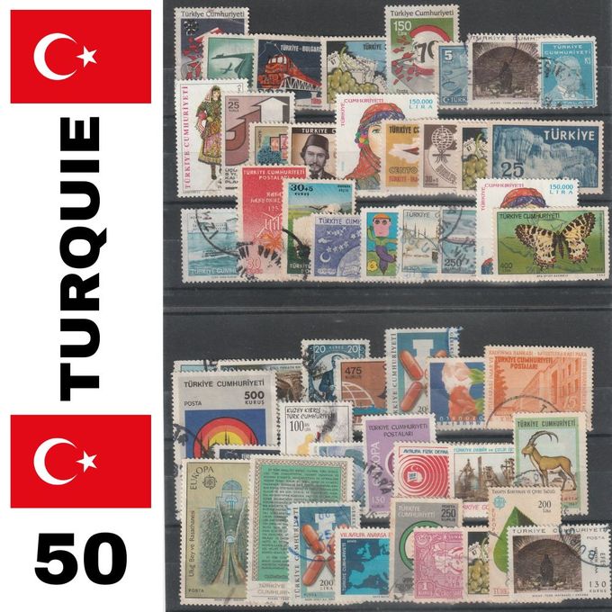  Turquie Lot de 50 Timbres Poste De Collection Oblitéré Philatélie Toute Période