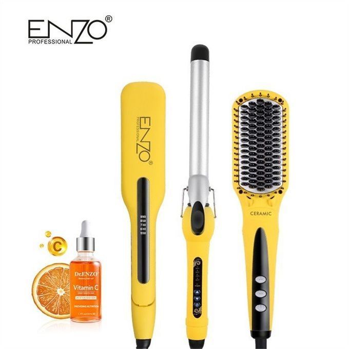  ENZO PROFESSIONAL PACK 3en1 fers à lisser & boucleur & brosse chauffante pour Cheveux en-3955w + Vitamin C-jaune