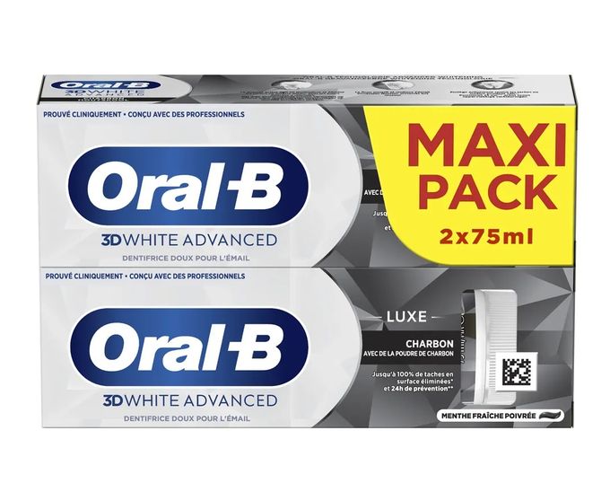  Oral B Pack 02 Dentifrice 3D White Advanced – Nettoyage Intense -  Charbon - (2x75ml)