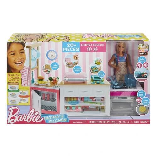  Barbie Kitchen Playset avec poupée, lumières et sons, moules alimentaires, 5 couleurs de pâte et plus de 20 accessoires