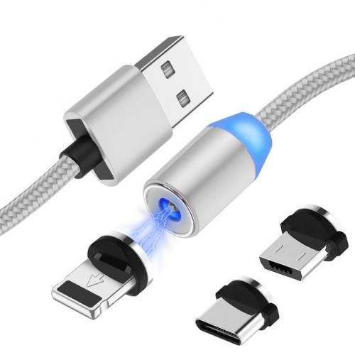  Câble Magnétique 3En1 3A - Micro-Usb+Type-C+Lightning - Silver