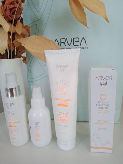 Arvea Pack Sun Protect - Écran Minéral Teinté + Lait Solaire + Huile de Protection Cheveux + Brume Rafraichissante