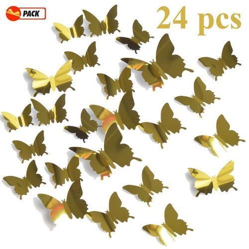  Pack 24 Stickers Muraux Autocollant 3D forme Papillons Effet Miroir  -24 pcs