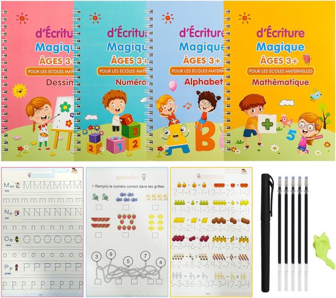 magique book français, 4 Cahier D'écriture réutilisable Pour Enfant 3 - 7 Ans Mathématiques, Dessin, Alphabet