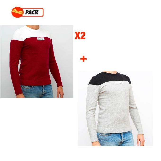  Ferr Pack 2 Pulls Homme En File de coton Style Décntracté Très Confortable-Gris/Rouge