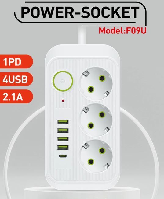  Multiprise 3 Portes Ac + 4 Usb Chargeur + 1 TYPE C Chargeur Rallonge