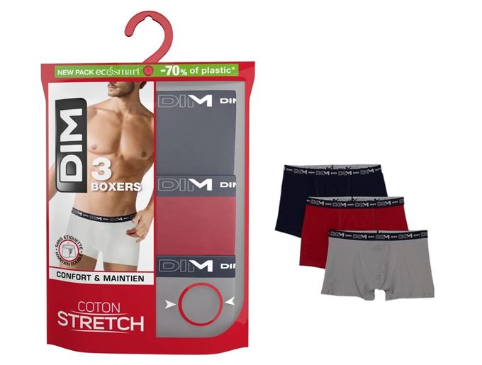  Dim Pack de 03 Boxers Homme – Stretch – Bleu, Gris et Rouge