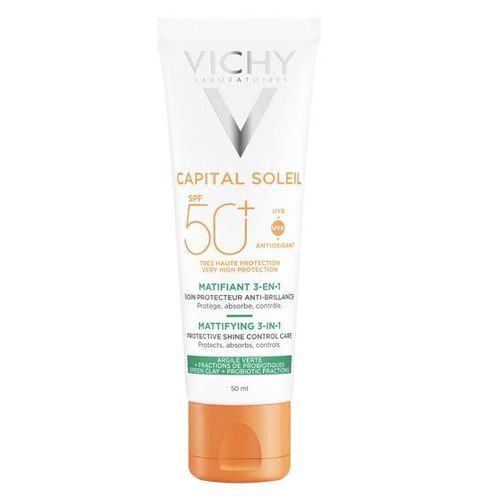  Vichy Capital Soleil Matifiant 3en1 Soin Quotidien Anti-Brillance SPF 50 - Protège, Absorbe, Contrôle -50ml