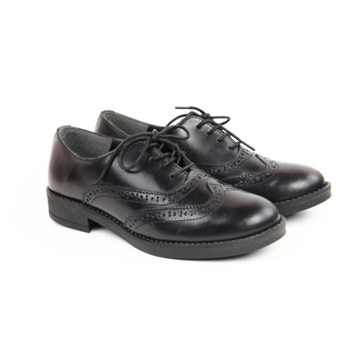  Soumia Chaussures Richelieu chaussure pour femme en cuir noir, semelle plate à lacet