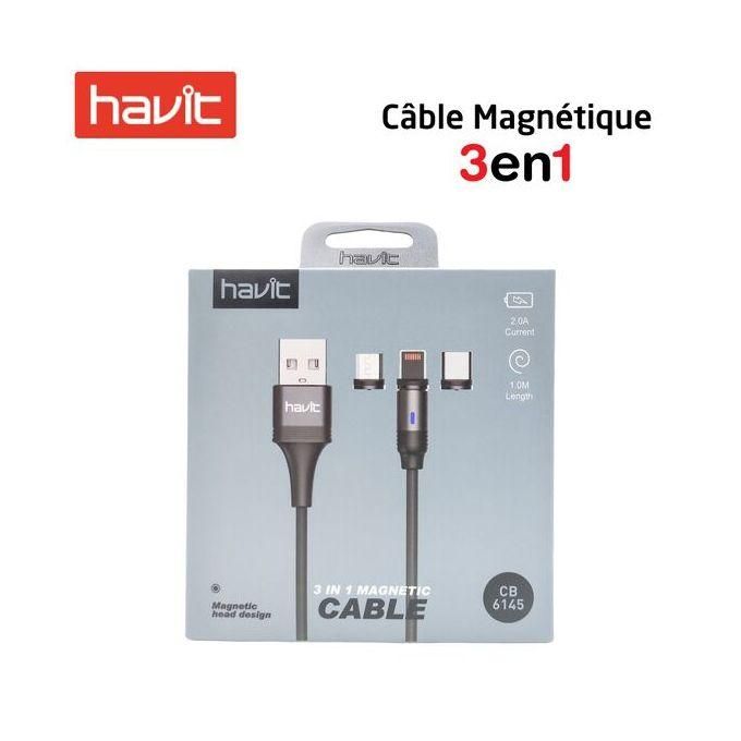  Havit Câble Magnétique 3En1 1A - Micro-usb+Type-C+Lightning CB6145 - Noir