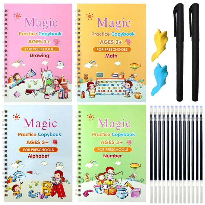  Magic Cahier de calligraphie magique pour enfants, 4 stylos de nettoyage,