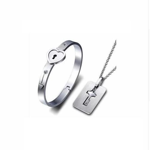  Parure Collier + Bracelet Clé & Serrure Couple Amoureux - Silver