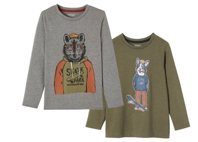  Vertbaudet Lot de 2 T-Shirts Garçon – Chien et Loup – Gris et Kaki