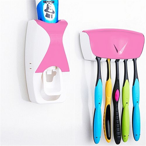  Distributeur De Dentifrice + Porte Brosses A Dents - Blanc/Rose