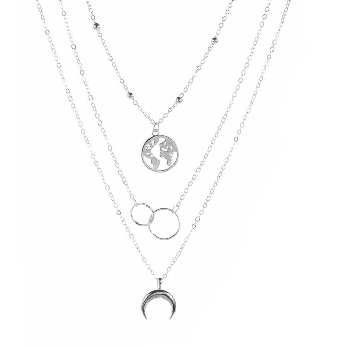  Argent Collier En Couches Carte Du Monde Cercle Pendentif