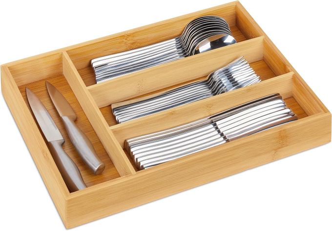  Organisateur De Tiroir 4 Compartiments Pour Couverts en bois, Outils De Rangement De Cuisine 35x25 cm