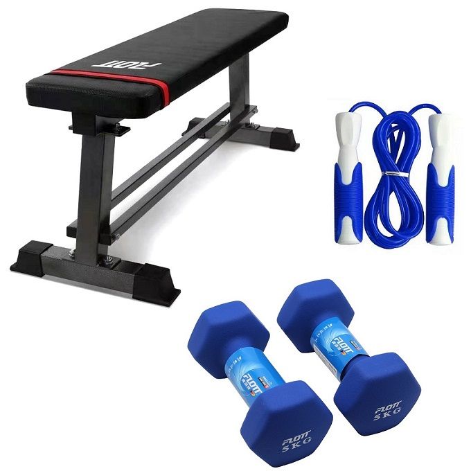  Flott Kit de Musculation et Fitness, Banc de Musculation Droit, 02 Haltères 2X5.0 Kg, Corde à Sauter