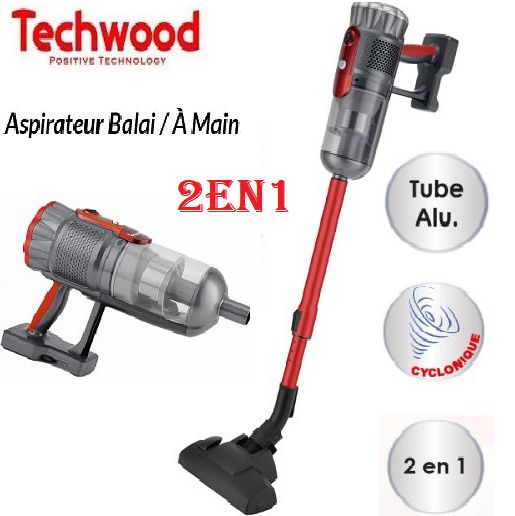  Techwood Aspirateur Balai & main cyclonique 2En1- avec Filtre en Inox Lavable-600W -Rouge
