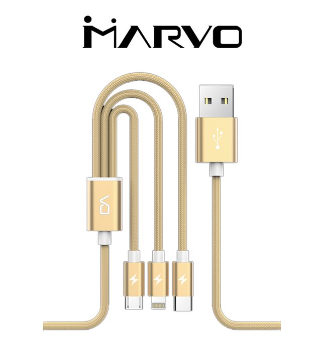  Marvo Câble De Charge 3 en 1 Pour Smartphone-Type C+Iphone +Micro USB-1.2 Mètres-Doré