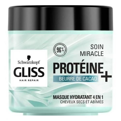  Schwarzkopf gliss  Soin Miracle Protéine + Beurre de Cacao - Masque Hydratant 4en1 - Cheveux Normaux, Secs et Abîmés - 400ml