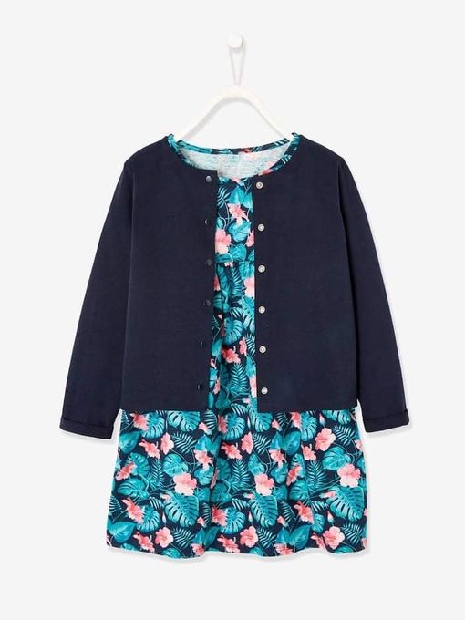  Verbaudet Ensemble Robe + Cardigan Fille Oeko-Tex® - Bleu Indigo Imprimé Feuilles E