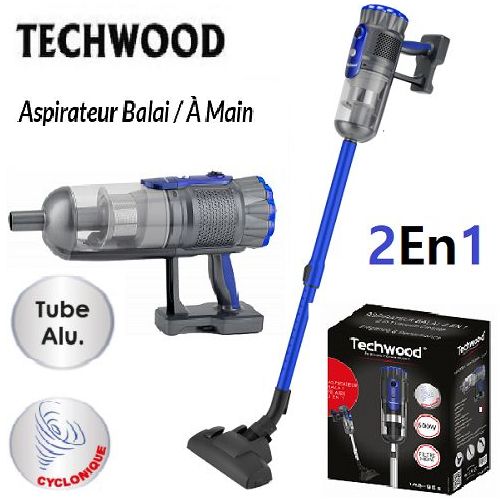  Techwood Aspirateur Balai & main cyclonique 2En1-  avec Filtre en Inox Lavable-600W bleu-Noir