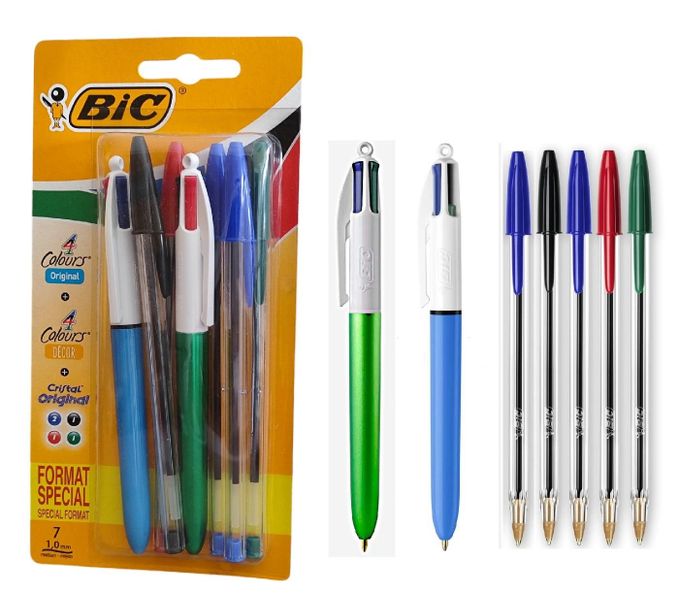 BIC Lot de 02 Stylo 04 Couleurs + 05 Stylos Cristal  – Bleu, Vert, Rouge et Noir 