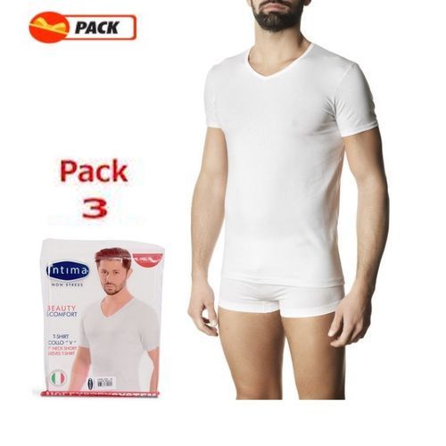  Intima Pack 3 Tricots De Peau - Homme - Demi Manche - Cole V - Italien - Blanc