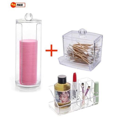  Pack Organisateur Maquillage Porte Coton Tige + Disque + Pinceaux, Rouge à Lèvre