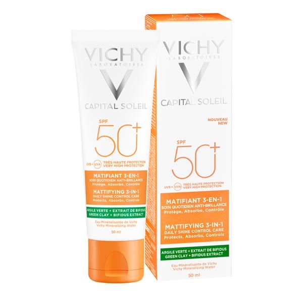  Vichy Capital Soleil Matifiant 3-en-1 Soin Quotidien Anti-Brillance  SPF 50 - Protège, Absorbe, Contrôle -50ml