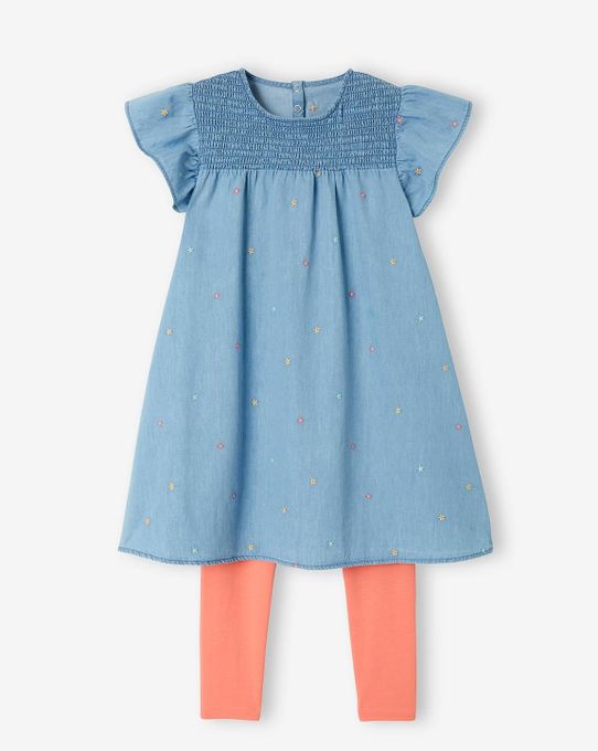  Vertbaudet Ensemble Fille 2 Pièces - Robe Brodée en Denim et Legging - Bleu