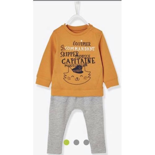  Verbaudet Ensemble T-Shirt Capitaine Chat Et Pantalon Molleton Bébé Garçon - Orangé/Gris Chiné