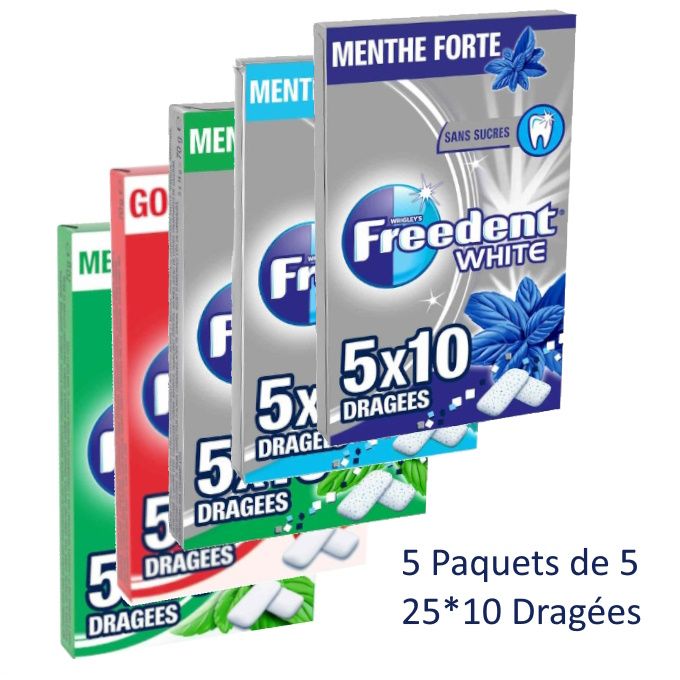 Chewing-gum sans sucres goût Fraise FREEDENT : les 5 paquets de 10